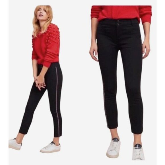 Anthropologie The Essential Slim Trouser Pants Womens 4 Black Side Stripe Retro - Picture 1 of 9